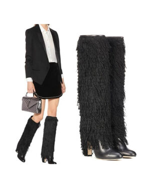 Jimmy Choo Magalie 65 Fringe Knee High Boots Black Leather Size 37